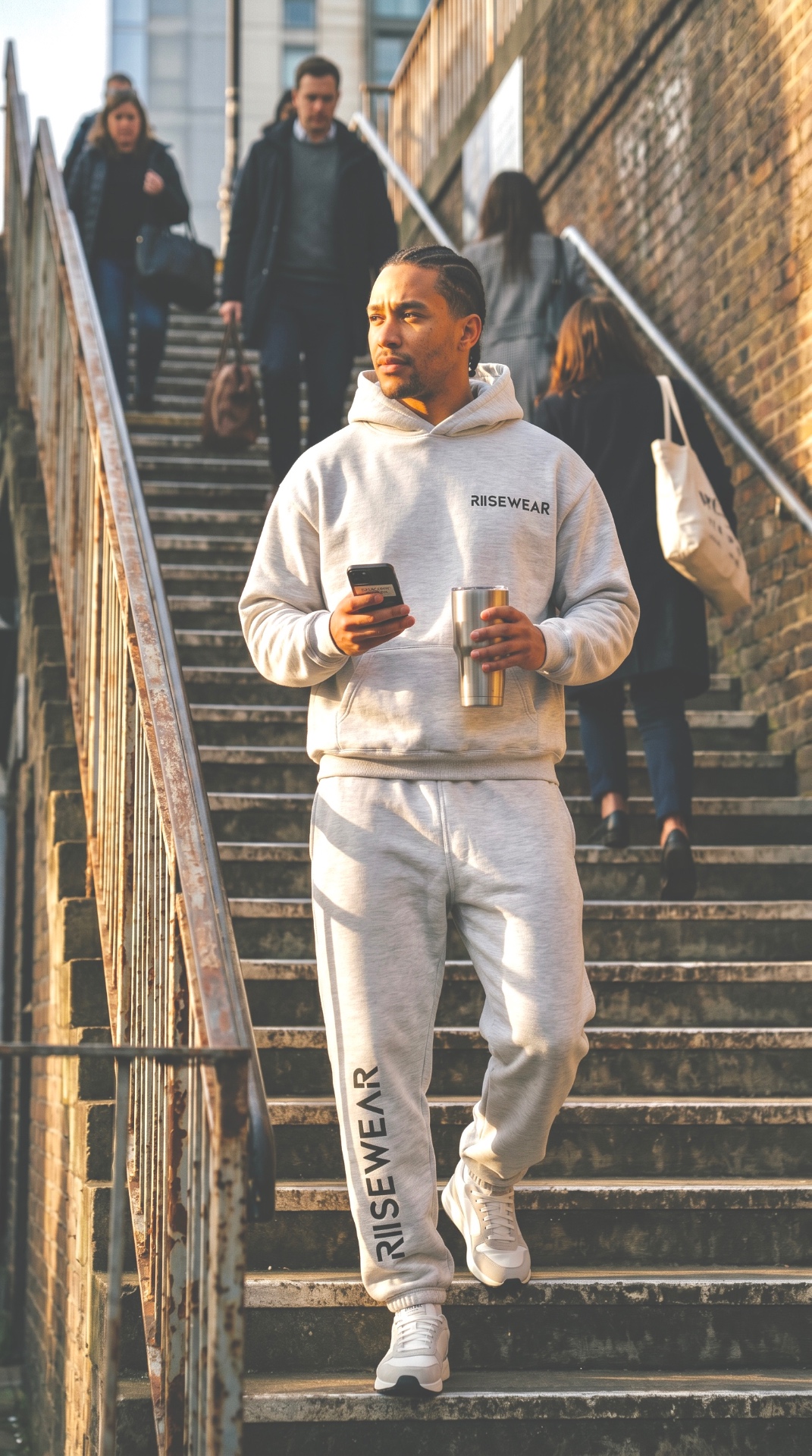 Risewear athlete in a light grey Risewear tracksuit on city stairs